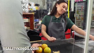 Reality Kings – JMac Fucks Petite Kimmy Kimm Behind The Supermarket Counter As She Keeps Working